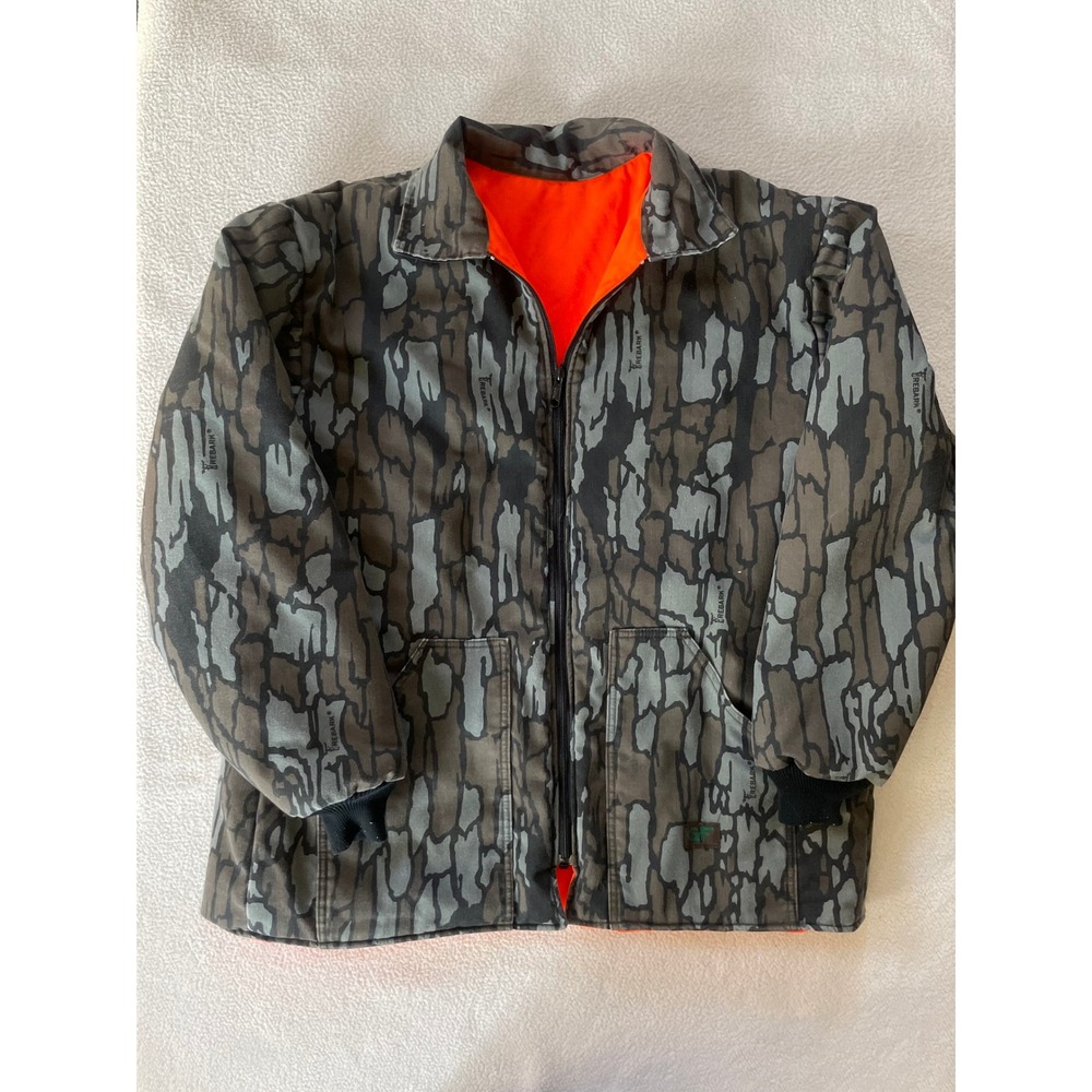Vintage 80s GF Men Large Jacket Camo Trebark Blaze Orange Reversible Made in USA